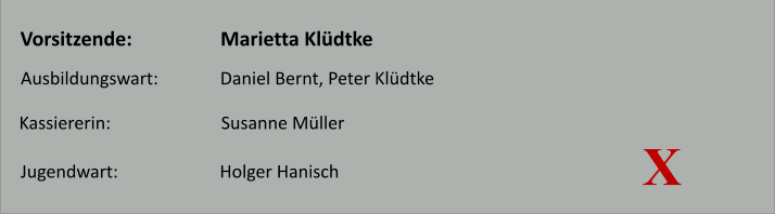 Vorsitzende:                  Marietta Klüdtke Ausbildungswart:              Daniel Bernt, Peter Klüdtke Kassiererin:                         Susanne Müller Jugendwart:                       Holger Hanisch X