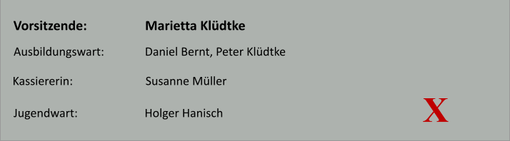 Vorsitzende:                  Marietta Kldtke Ausbildungswart:              Daniel Bernt, Peter Kldtke Kassiererin:                         Susanne Mller Jugendwart:                       Holger Hanisch X